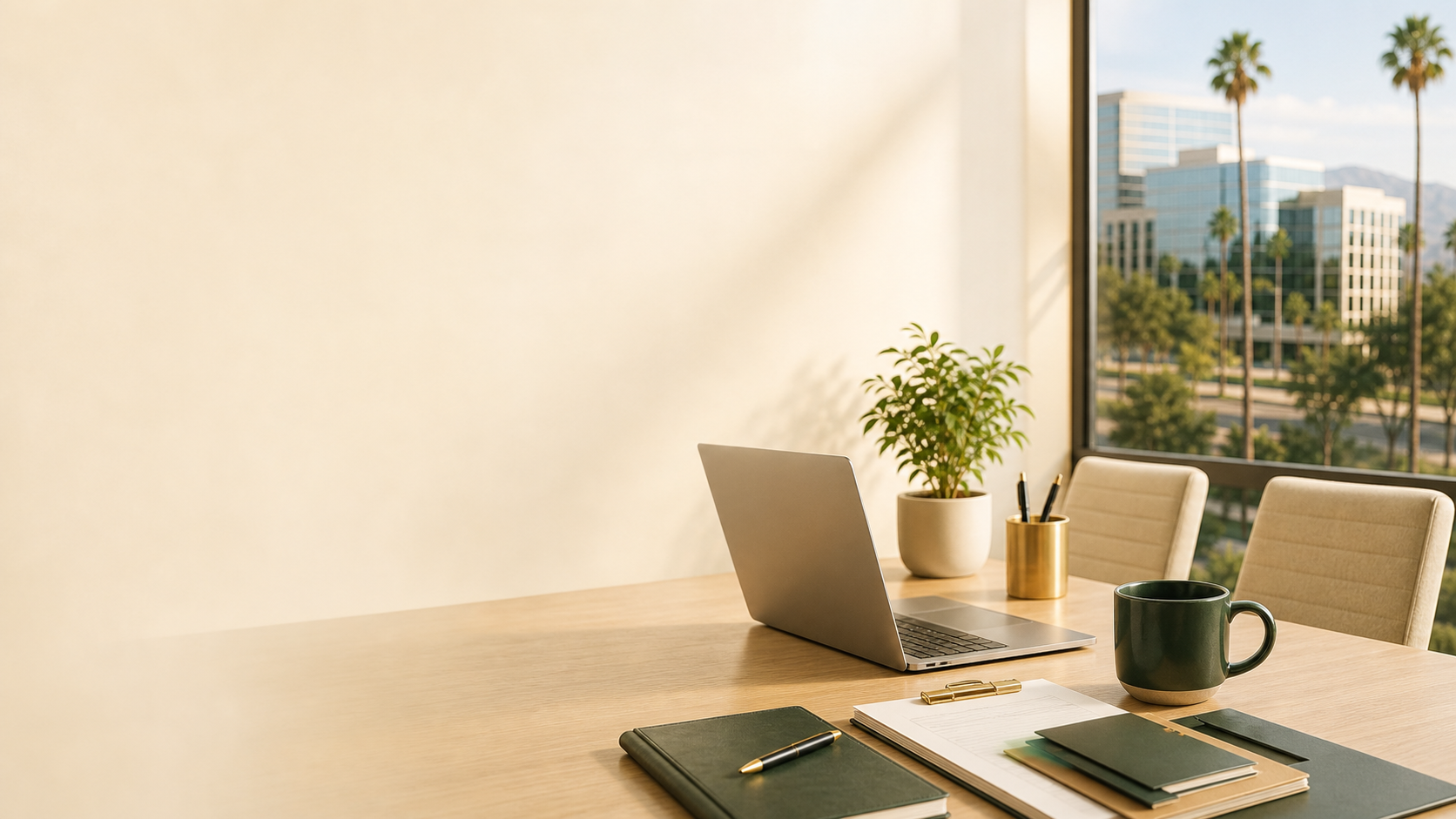 A sunlit office conference table with a laptop and organized documents